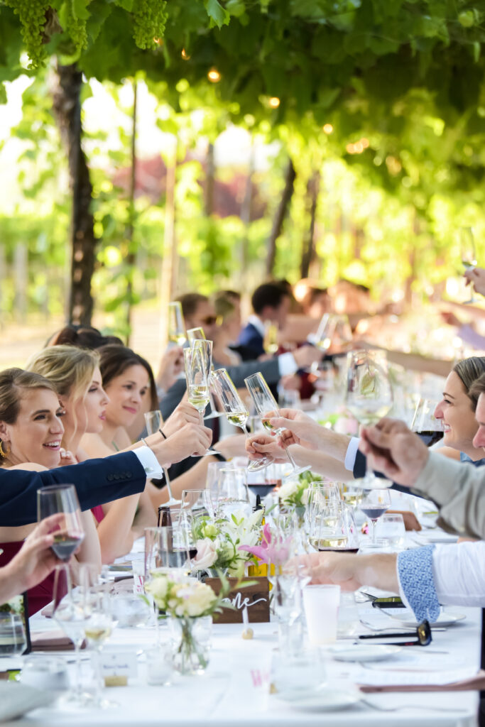 Guests toast glasses of champagne at an outdoor wedding in wine country California. 