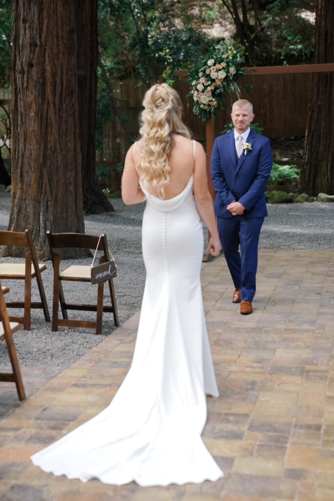 Bride and Groom First Look Outside romantic redwood Wedding Venue