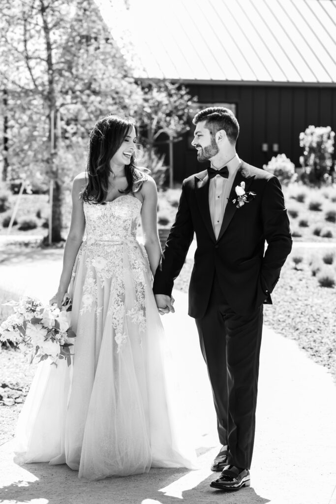 Bride and groom in black and white at Stanly Ranch wedding venue in Napa Valley. 