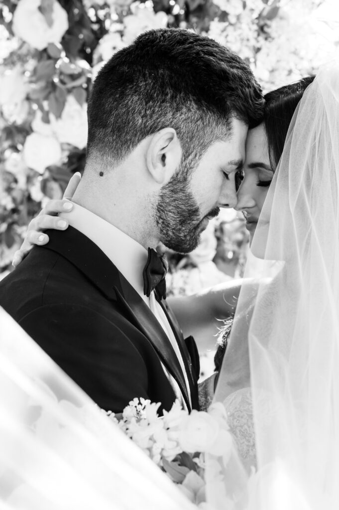 Black and white portrait of bride and groom at Stanly Ranch wedding venue in Napa Valley. 