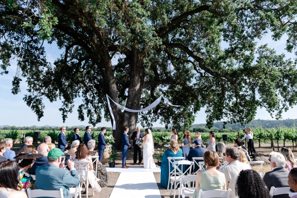 Outdoor ceremony under tree at deLorimier Winery Wedding Venue in Sonoma County.