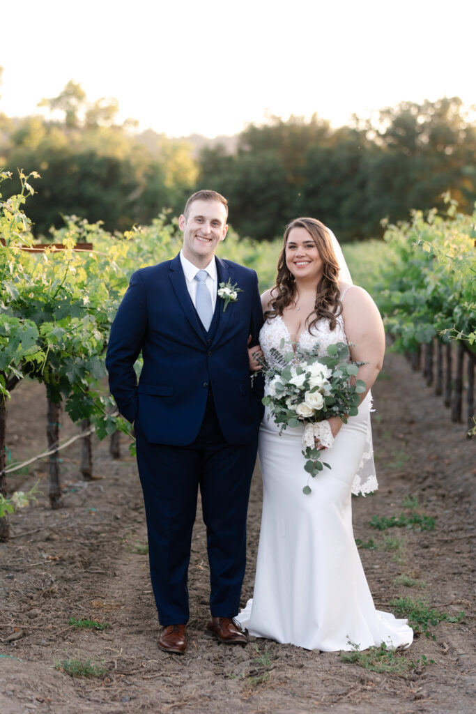 Sunset portraits of bride and groom at deLorimier Winery Wedding Venue in Sonoma County.