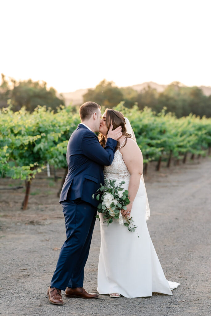 Romantic sunset portrait of bride and groom at deLorimier Winery Wedding Venue in Sonoma County.