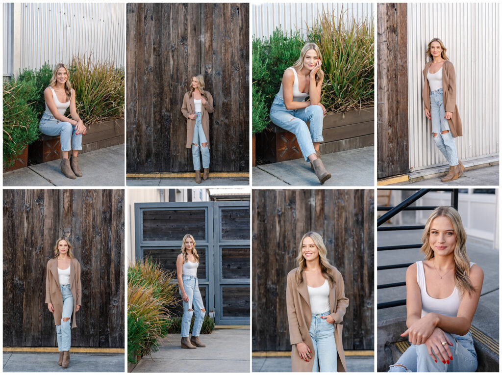 8 photos of a senior for her high school graduation announcement. Dressed in jeans and a white top paired with a light brown cardigan and boots.