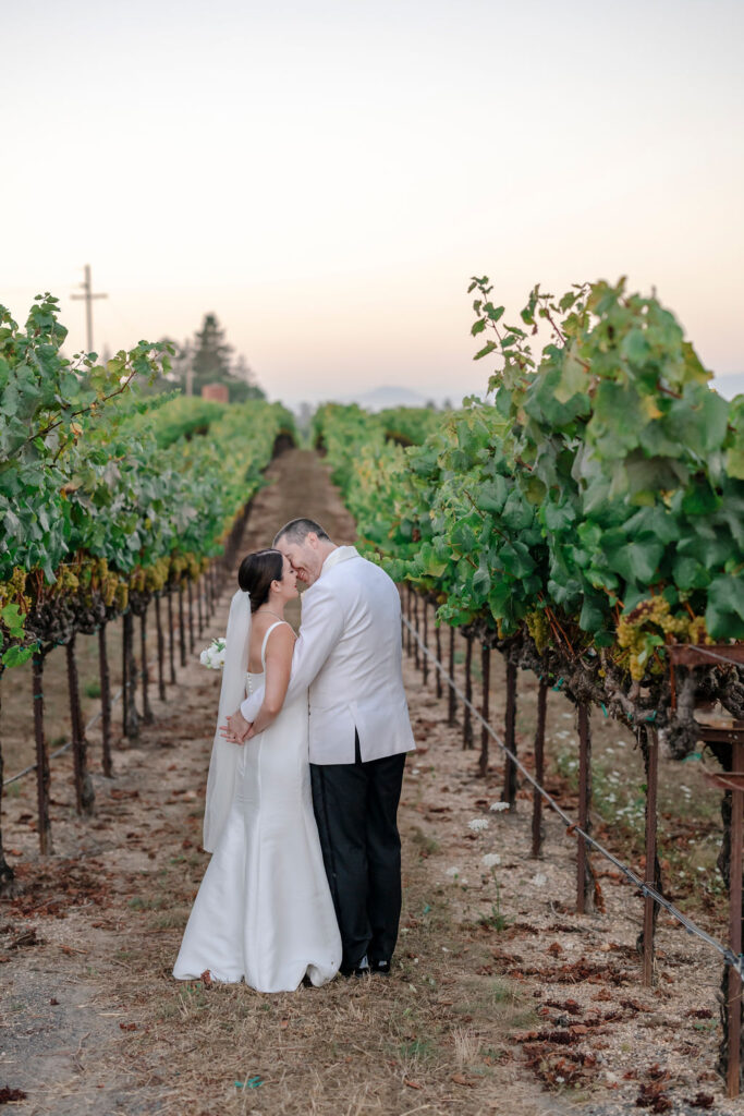 How to have a wedding at Vine Hill House in Sonoma. Couple holding hands under awning. 
