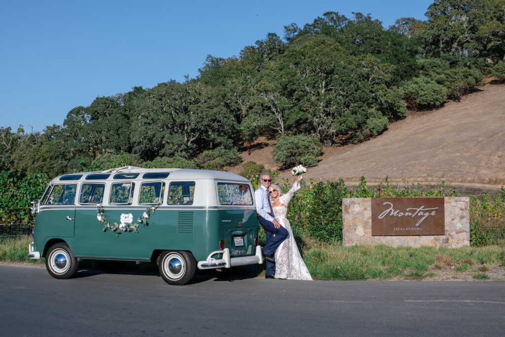 Bride and groom in wedding van outside Montage Healdsburg